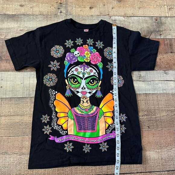 Frida Kahlo Skull Front Back Double Sided Print Short Sleeve Graphic Tee T-shirt - Picture 3 of 5